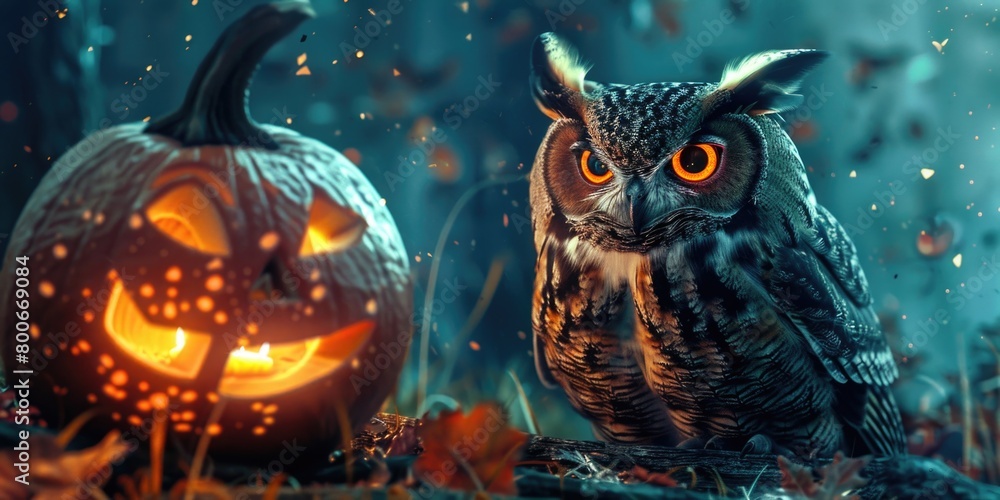 A spooky owl perched beside a Halloween pumpkin. Perfect for seasonal designs A spooky owl perched beside a Halloween pumpkin. Perfect for seasonal designs