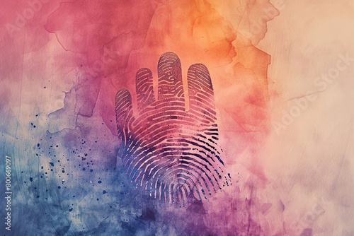 A minimalist fingerprint design overlaid on a watercolor background