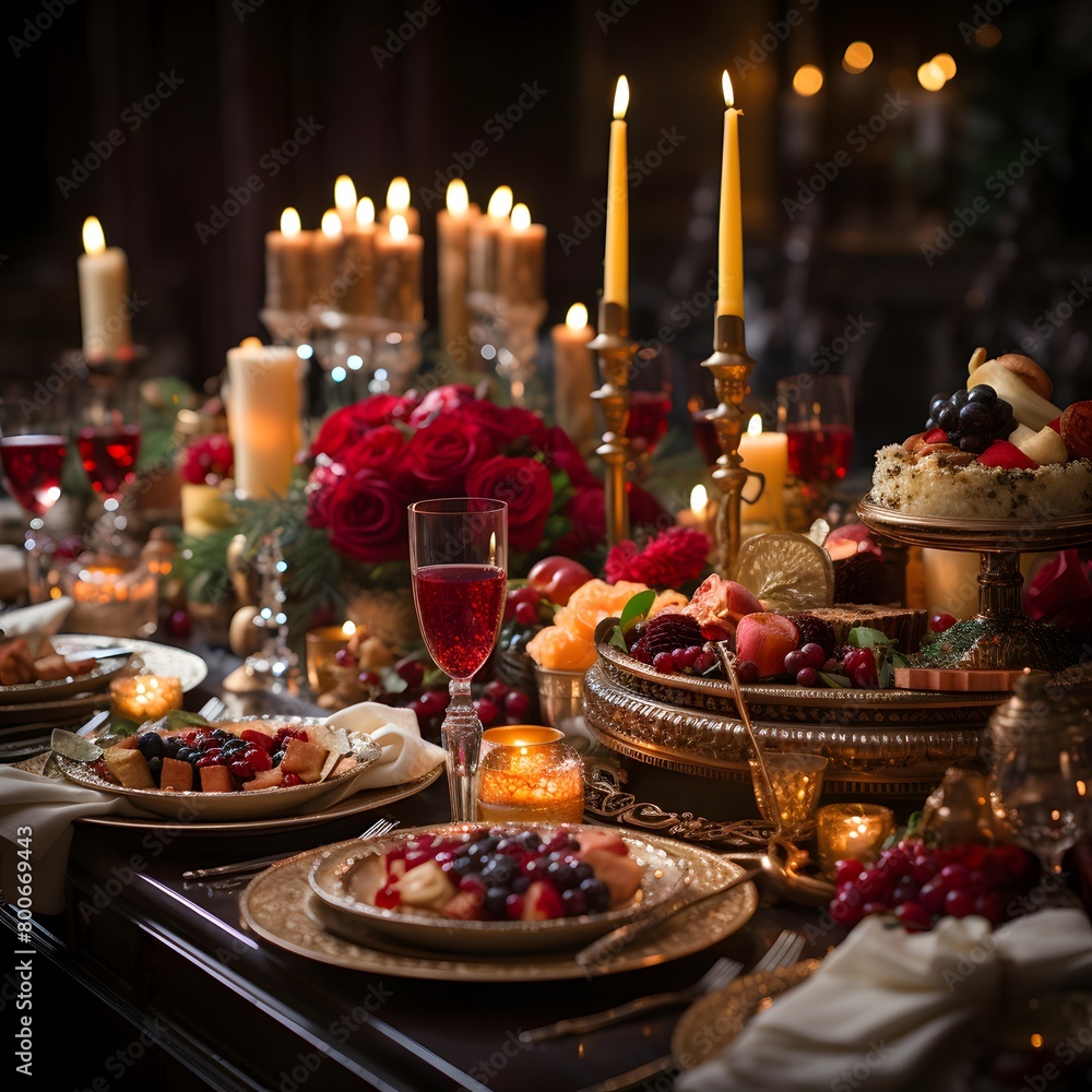 Festive table setting for a festive Christmas or New Year dinner. Decorated with candles and flowers.