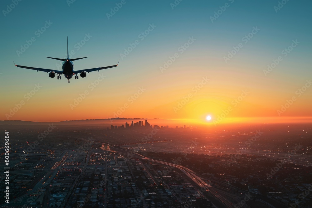A commercial jet prepares for landing against a picturesque sunset, illustrating the beauty of air travel A commercial jet prepares for landing against a picturesque sunset, illustrating the beauty of air travel