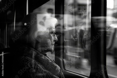 A serene photo in black and white showing an elderly lady deep in thought while looking out of a bus window