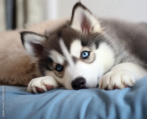 Adorable Husky Puppy Resting on Couch