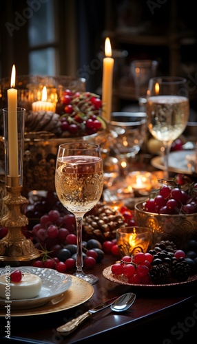 Festive table setting for Christmas and New Year with candles and champagne