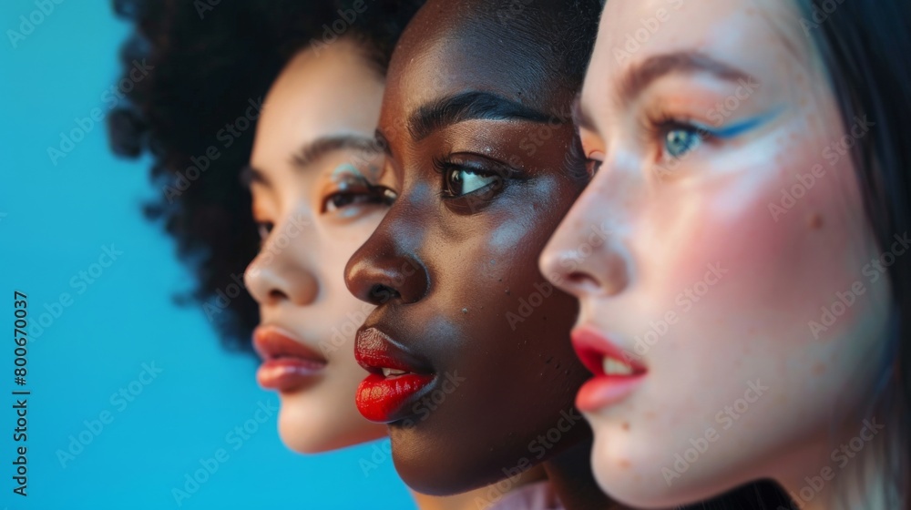 Diverse Female Trio With Striking Makeup Against Blue Background