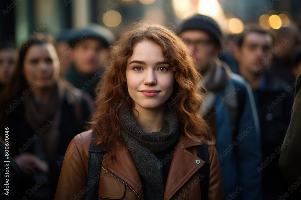 Smiling woman with curly hair in city street