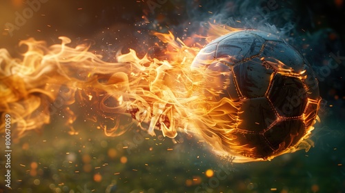 Soccer ball in fire on dark sky background. 3d illustration