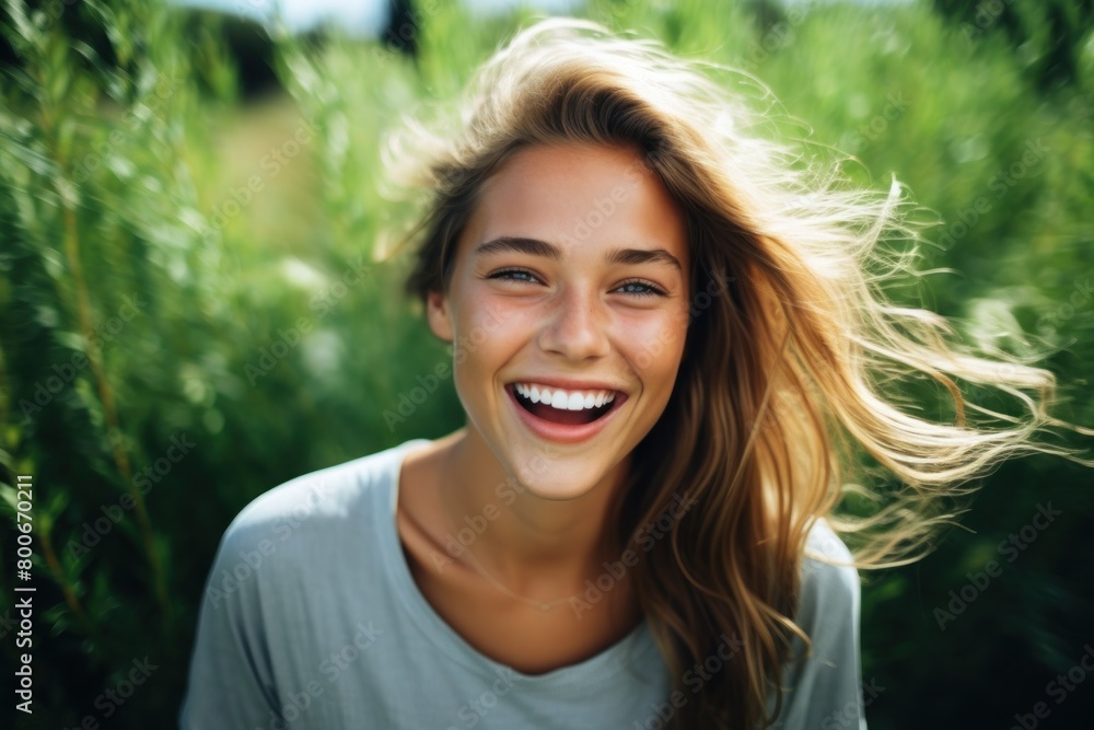 Joyful young woman with windblown hair Joyful young woman with windblown hair