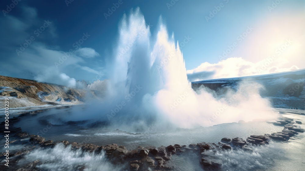Powerful Geyser Eruption in Scenic Landscape