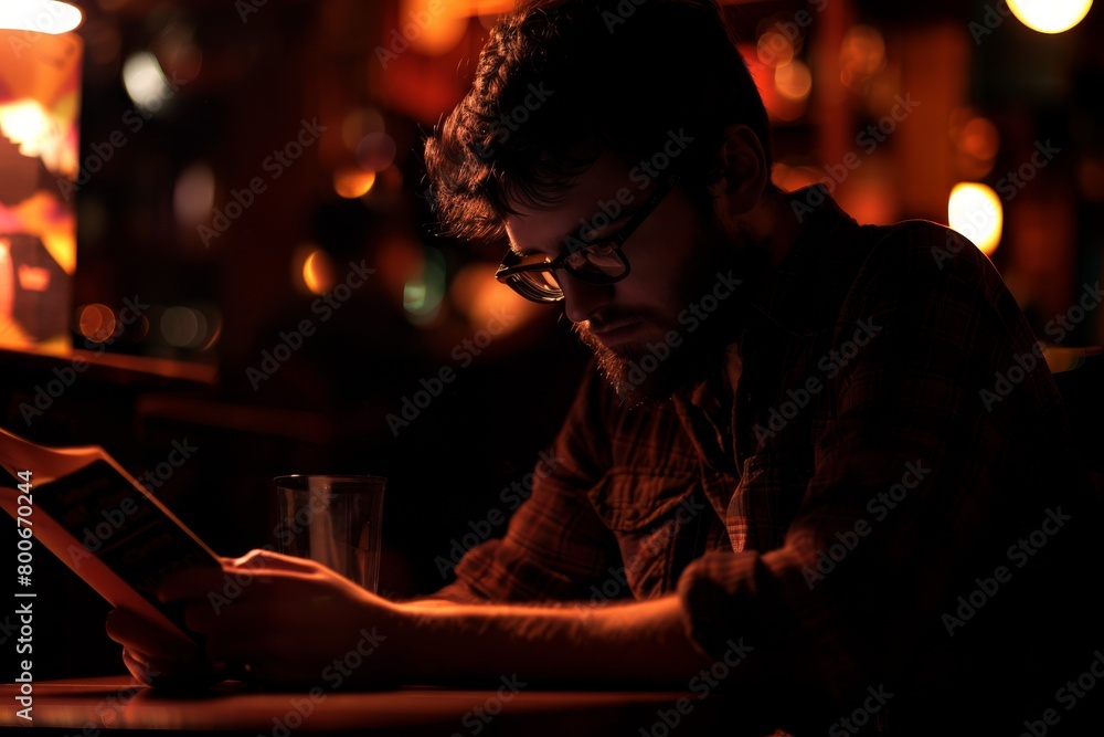A solitary man deeply engrossed in reading a menu at a bar with soft, ambient lighting A solitary man deeply engrossed in reading a menu at a bar with soft, ambient lighting