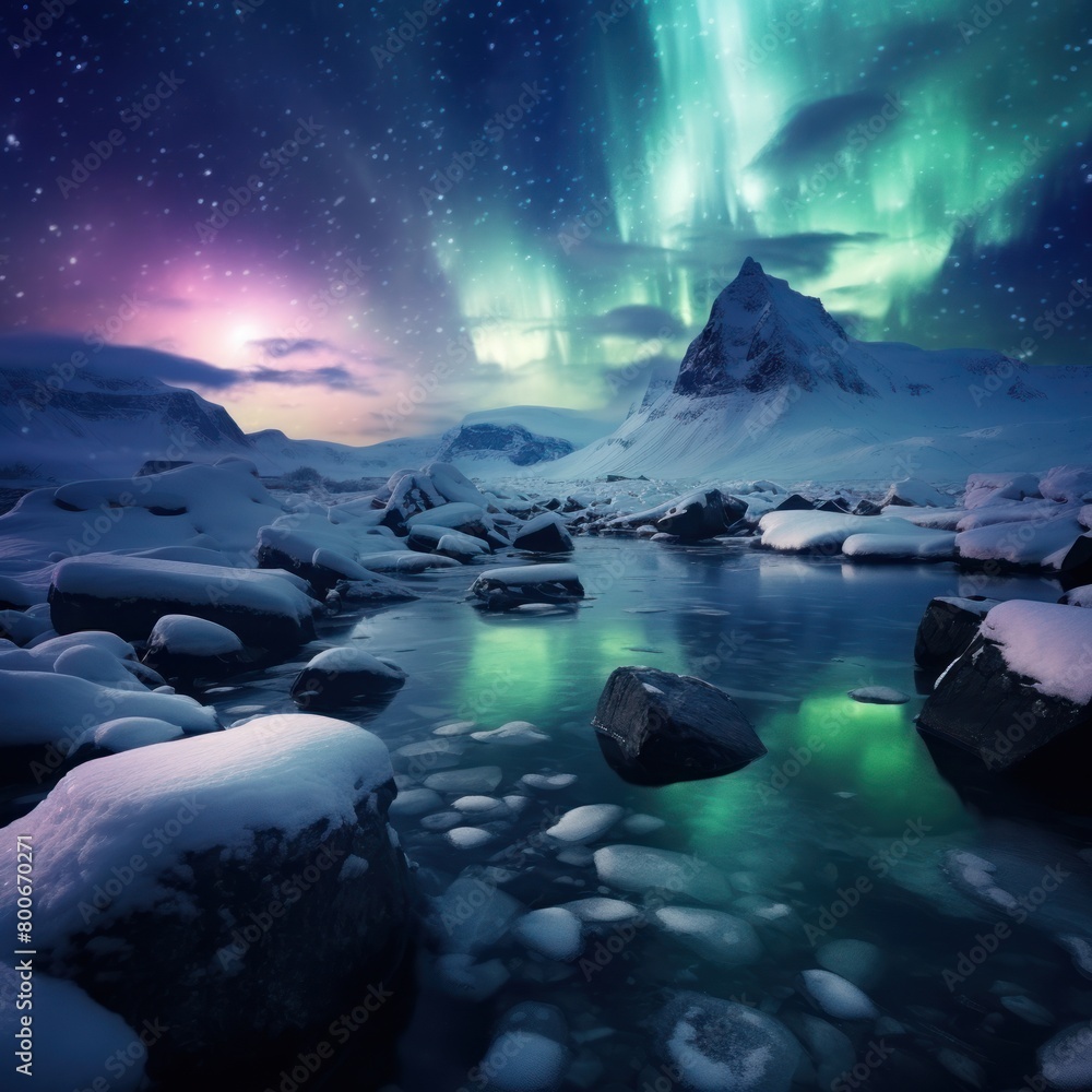 Breathtaking Aurora Borealis over Snowy Landscape