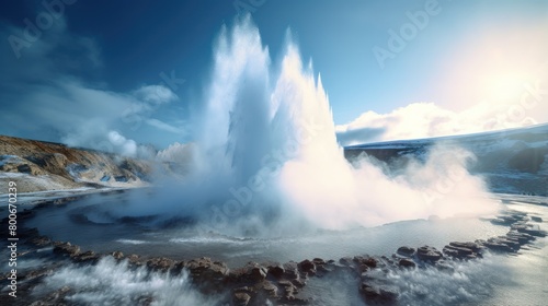 Powerful Geyser Eruption in Scenic Landscape © Balaraw