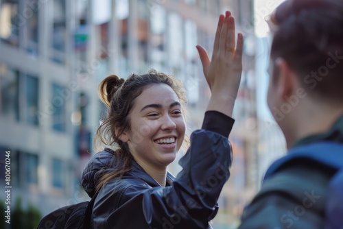 A young woman gives a high five, capturing a moment of connection and joy in an urban environment