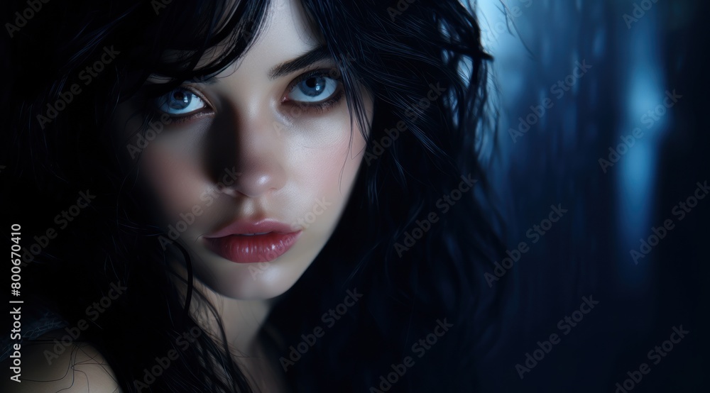 Mysterious woman with dark hair and piercing blue eyes Mysterious woman with dark hair and piercing blue eyes