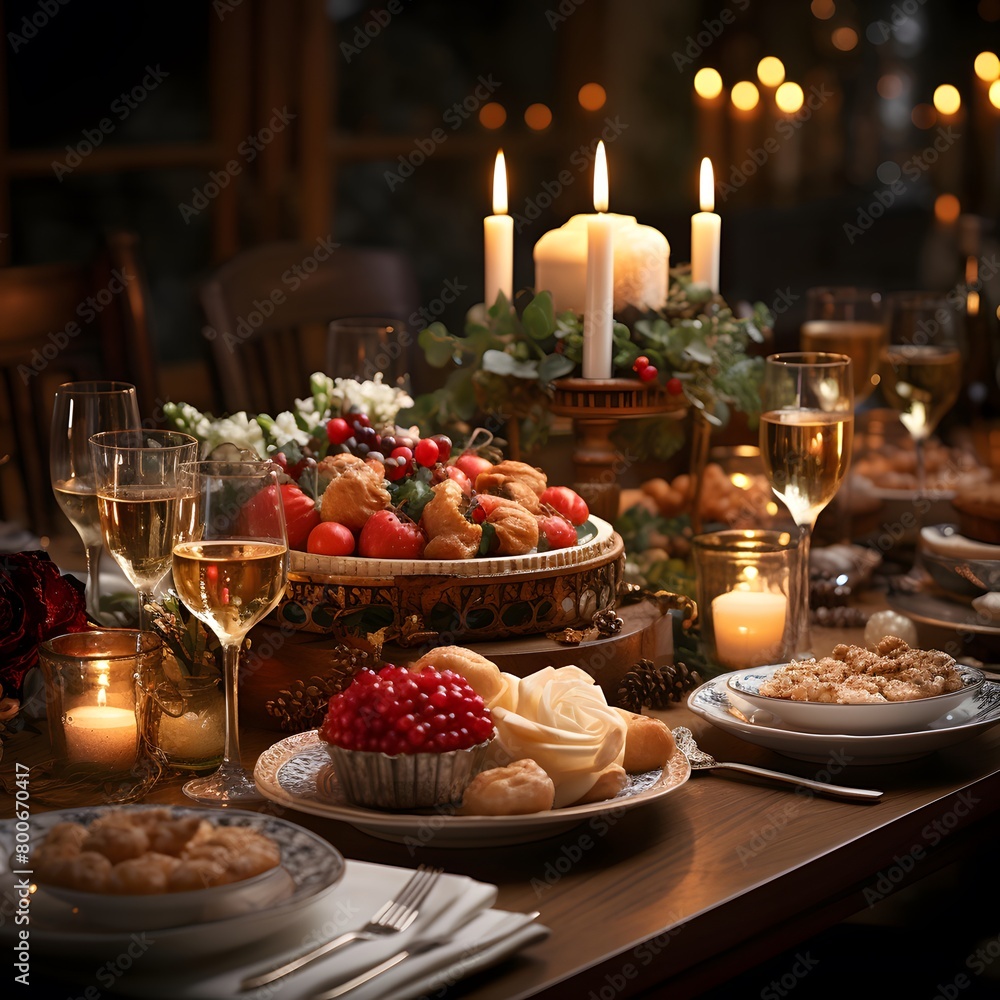 Festive table setting for christmas or other celebration in dark room