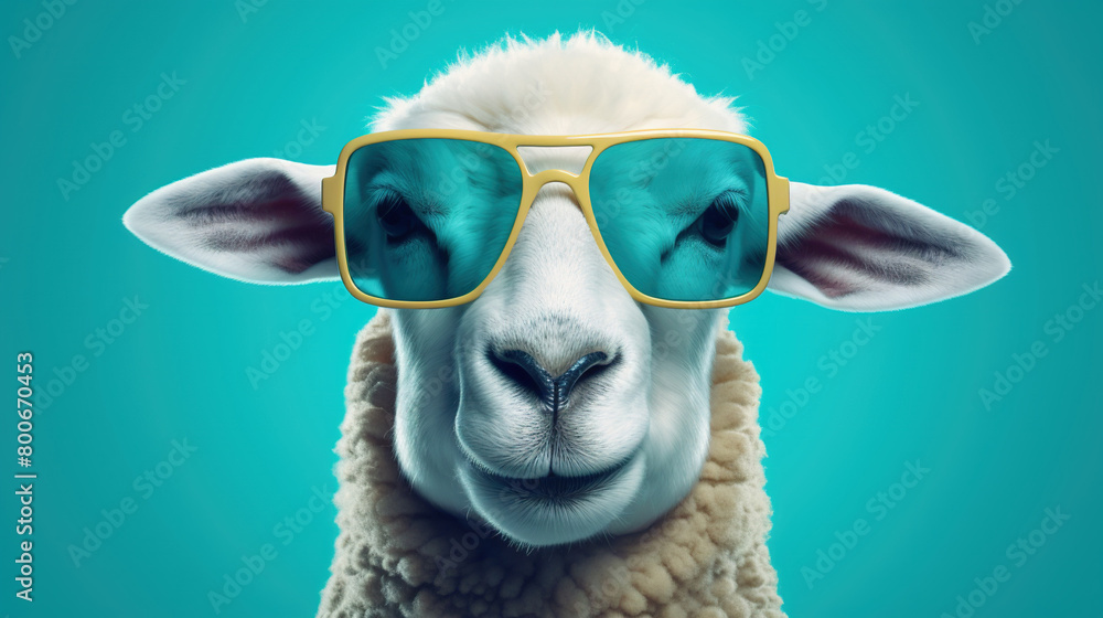 A Portrait of a Sheep face with a sunglass A photo-realistic sheep’s head with background