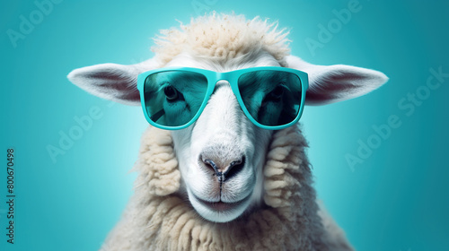 A Portrait of a Sheep face with a sunglass A photo-realistic sheep’s head with background