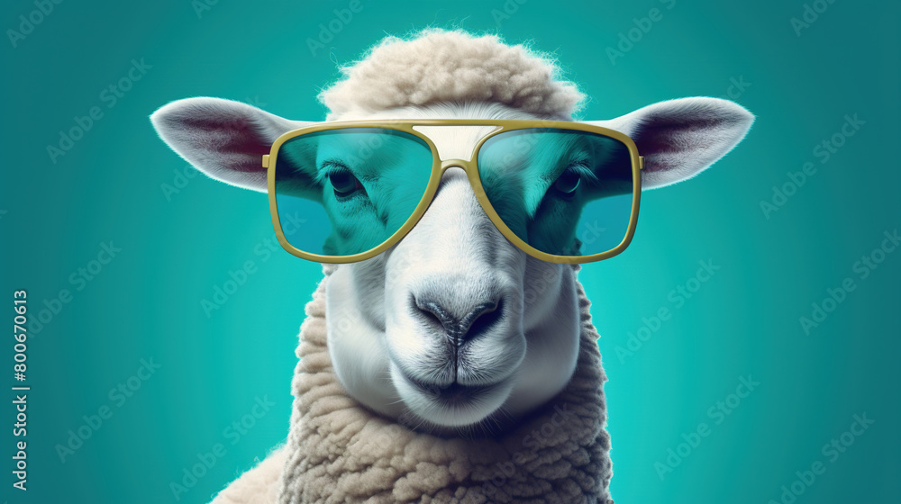 A Portrait of a Sheep face with a sunglass A photo-realistic sheep’s head with background