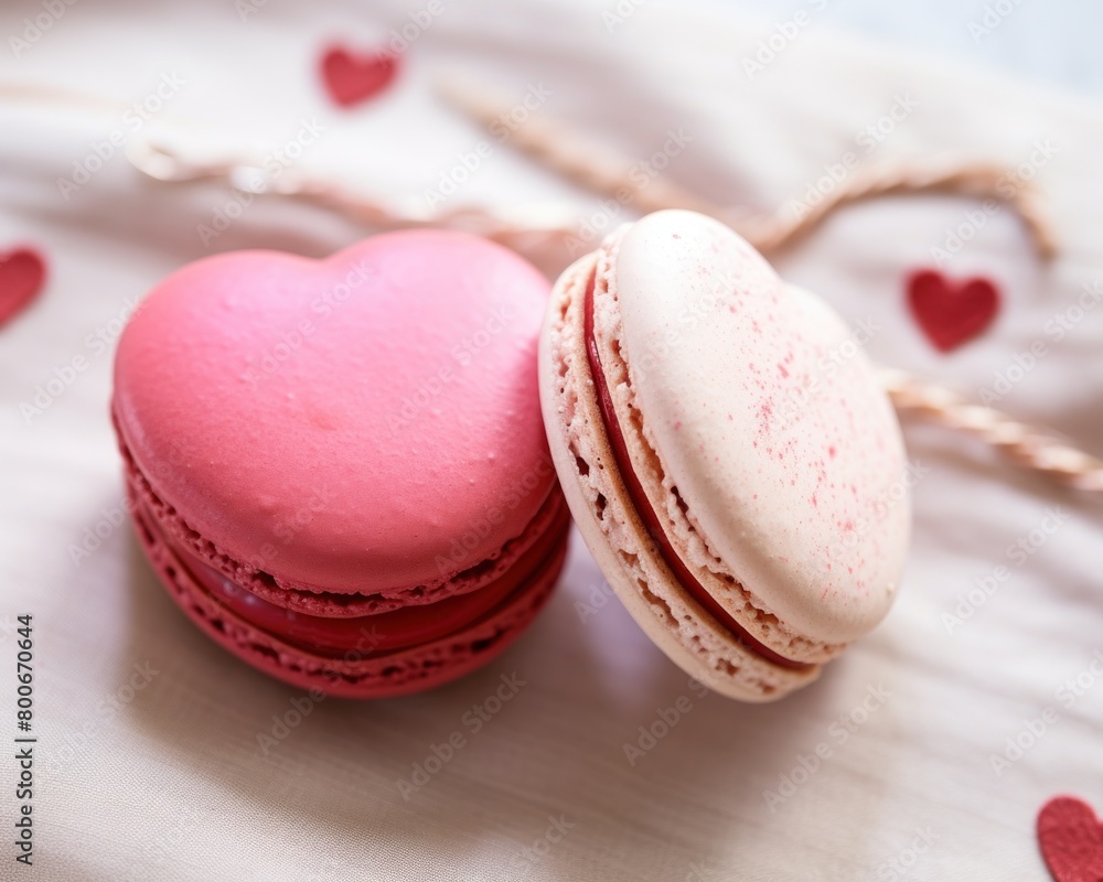 Delicious heart-shaped macarons on a light background