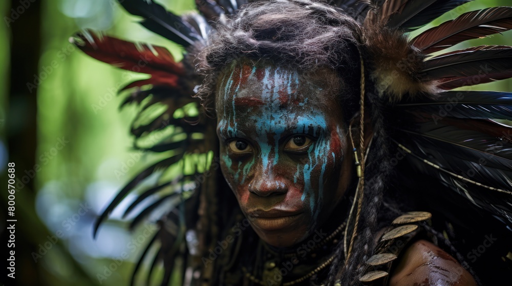 Tribal warrior with face paint and feathers