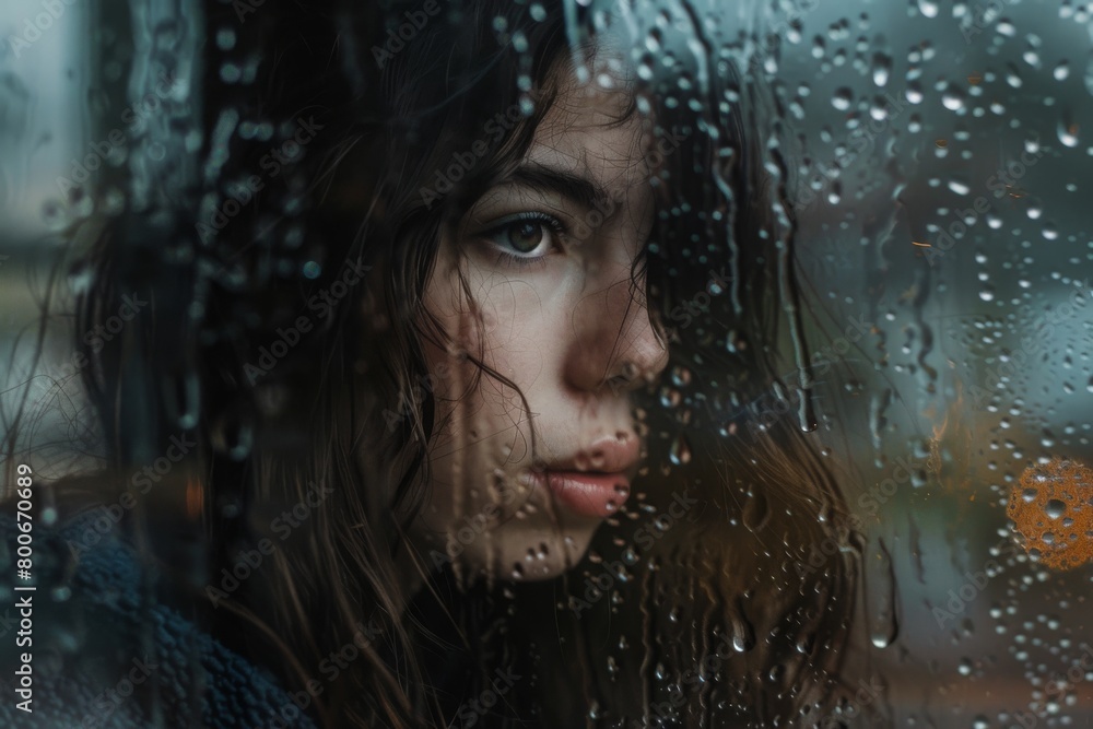 Raindrops on a window set a pensive mood, with subtle reflections unveiling a sense of melancholy and contemplation