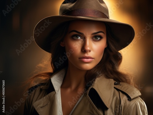 Mysterious woman in trench coat and hat
