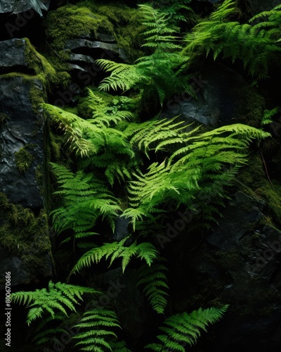 Lush green fern foliage in a dark forest