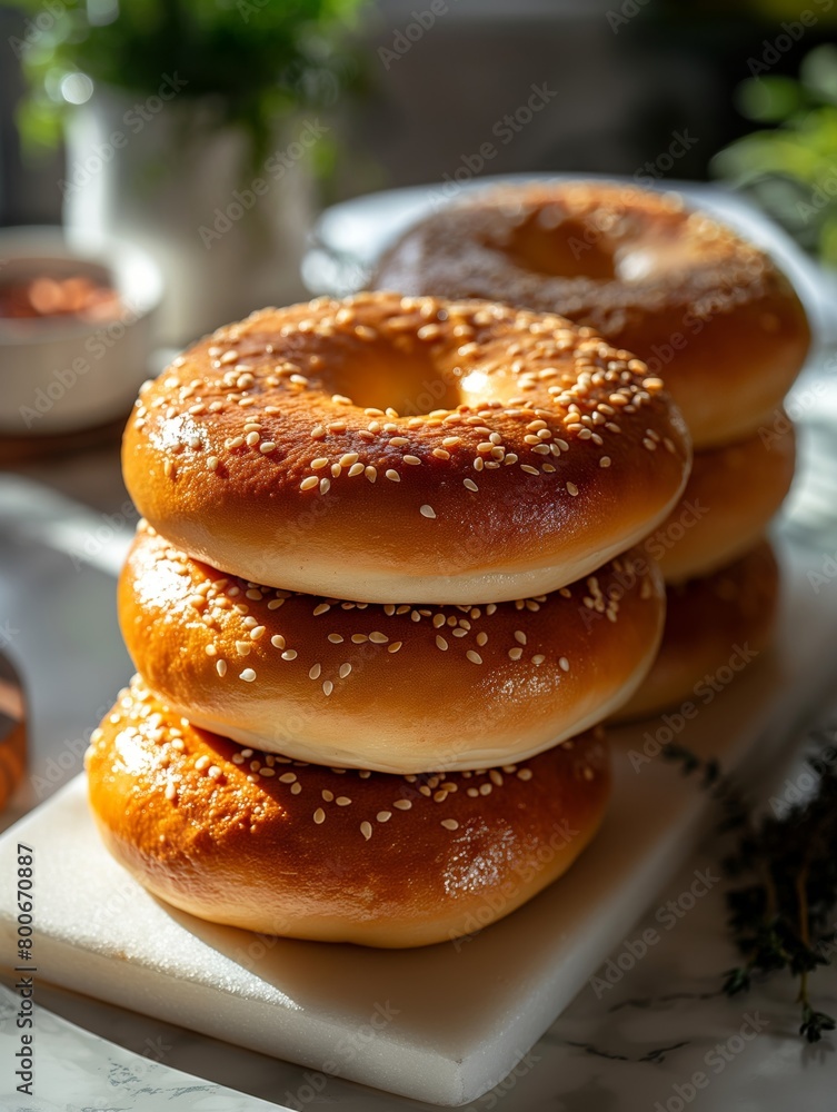 Stack of golden sesame bagels on a cutting board basks in the warm sunlight, exuding a cozy and appetizing atmosphere Stack of golden sesame bagels on a cutting board basks in the warm sunlight, exuding a cozy and appetizing atmosphere