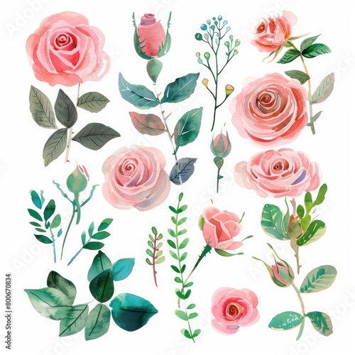 pink roses clipart elements like minimal watercolor © Dekastro