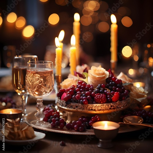 Festive table setting for Christmas dinner. Festive table decoration with berries and candles in the dark
