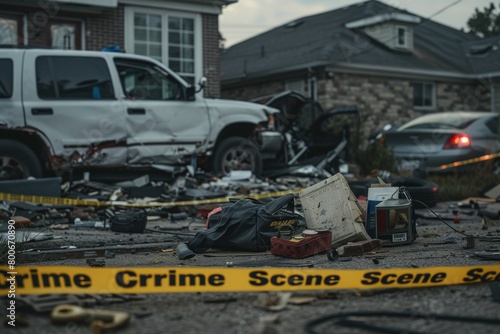 A realistic image depicting an abandoned crime scene with scattered evidence and emergency lights in the background