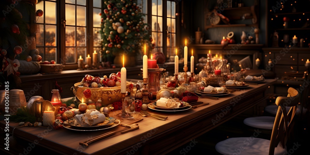 Christmas table with a lot of food and candles in a dark room