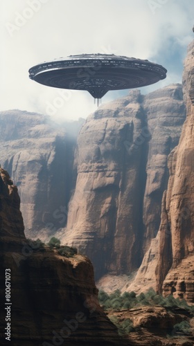 Futuristic Spacecraft Hovering Over Rugged Landscape