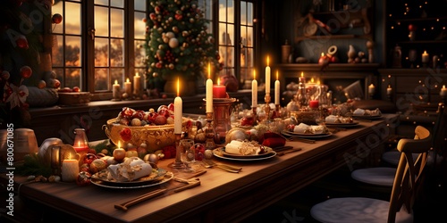 Christmas table with a lot of food and candles in a dark room