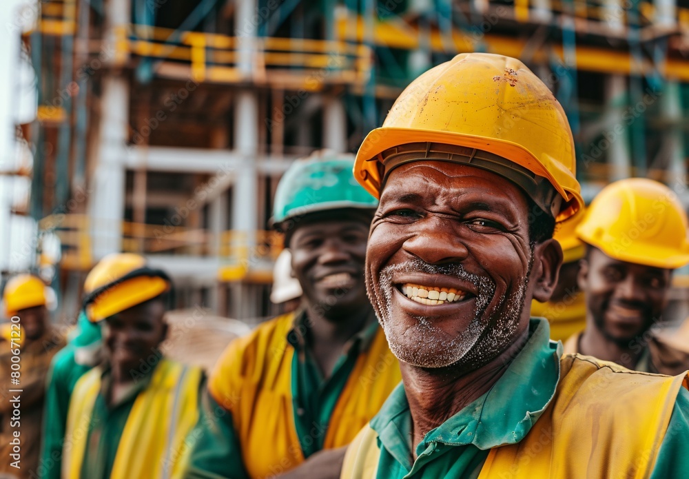 A portrait of happy construction workers in yellow and green workwear A portrait of happy construction workers in yellow and green workwear