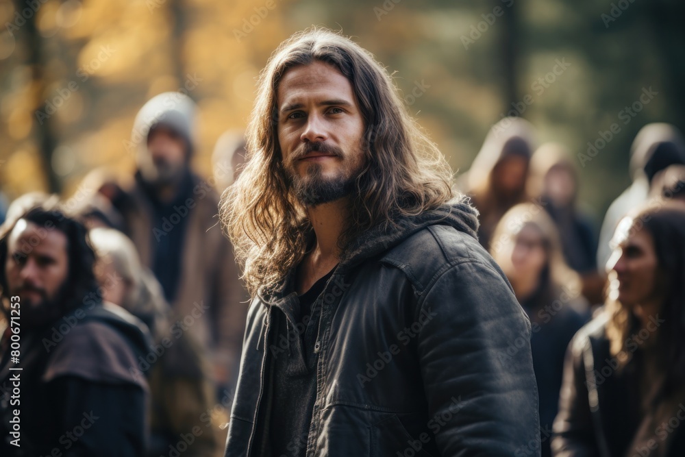 Rugged man with long hair and beard in outdoor setting Rugged man with long hair and beard in outdoor setting