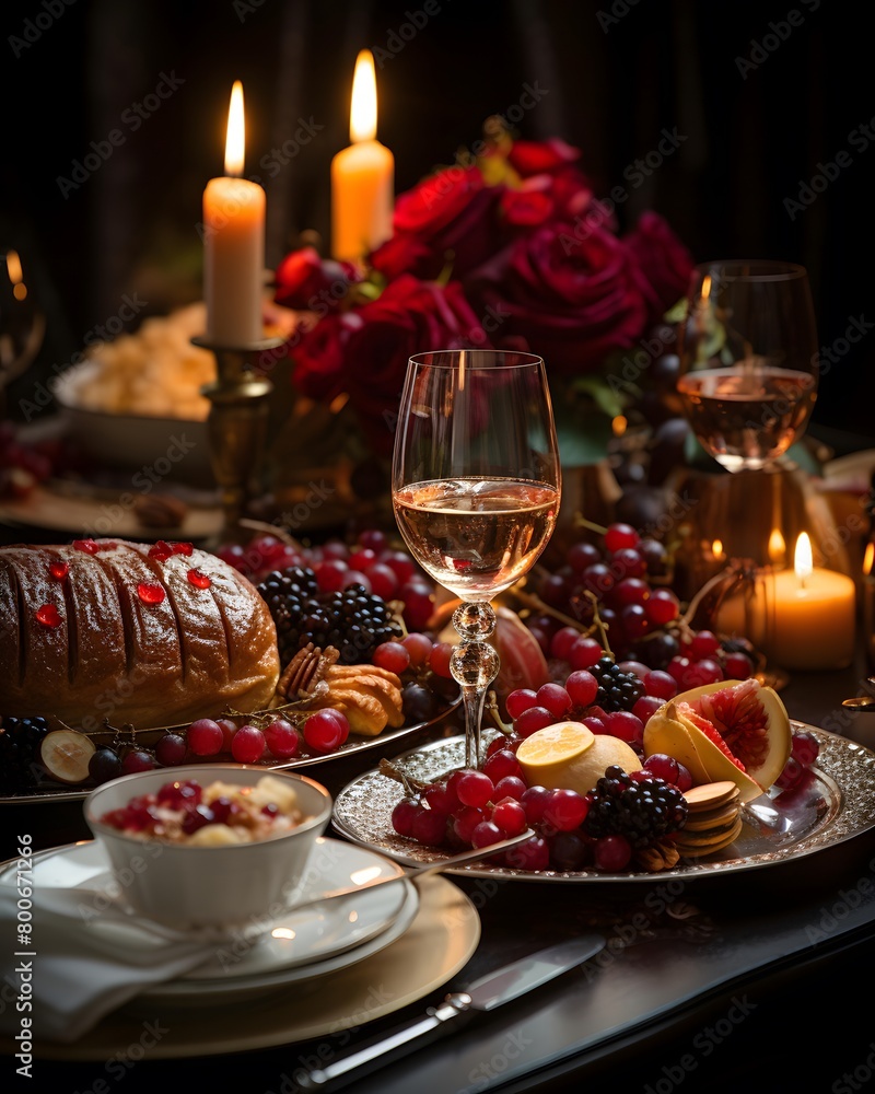 Romantic dinner with wine, fruits and croissants on the table