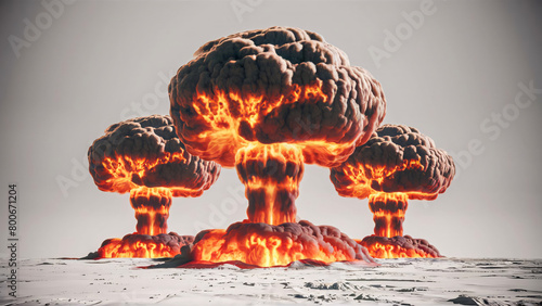A powerful and unsettling visual of nuclear explosions with billowing mushroom clouds photo