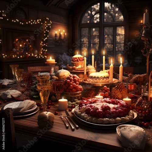 Christmas table with food, candles and candlesticks in the dark
