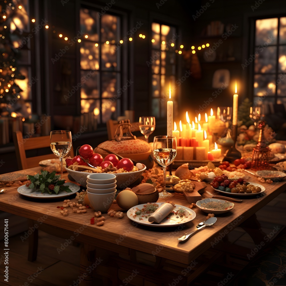 Christmas dinner table with cutlery, candles and festive tableware