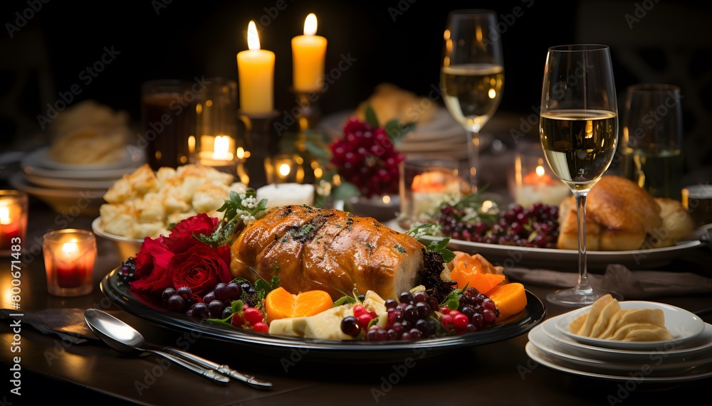 Thanksgiving dinner with turkey, cranberries and potatoes on black background