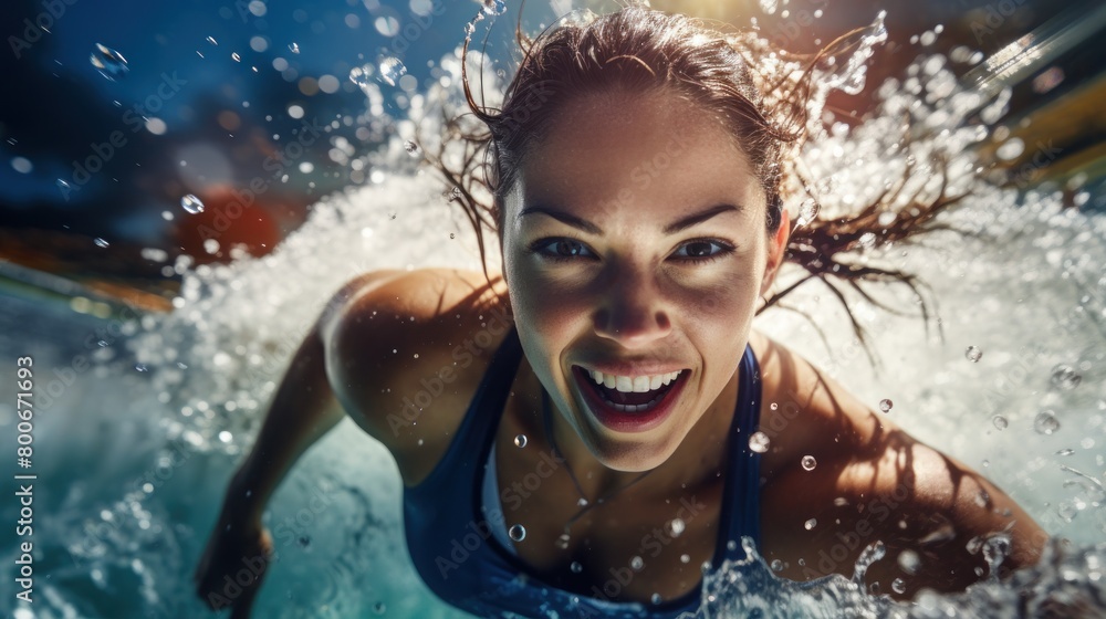 Joyful woman swimming in the water