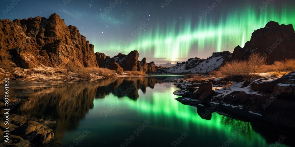 Breathtaking Aurora Borealis Reflection in Snowy Landscape