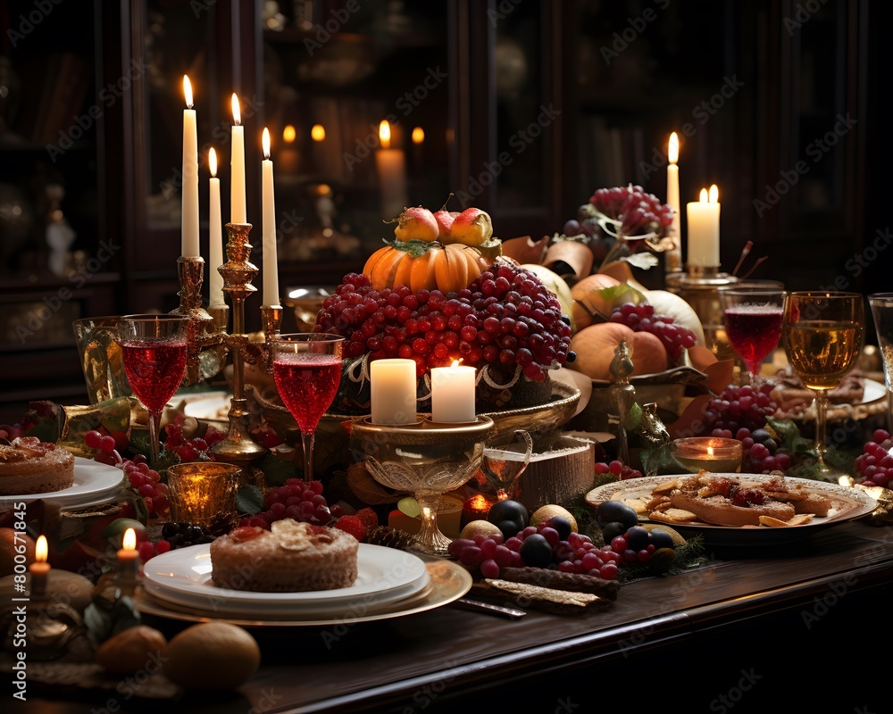 Autumn table setting with pumpkins, apples, candles and wine.