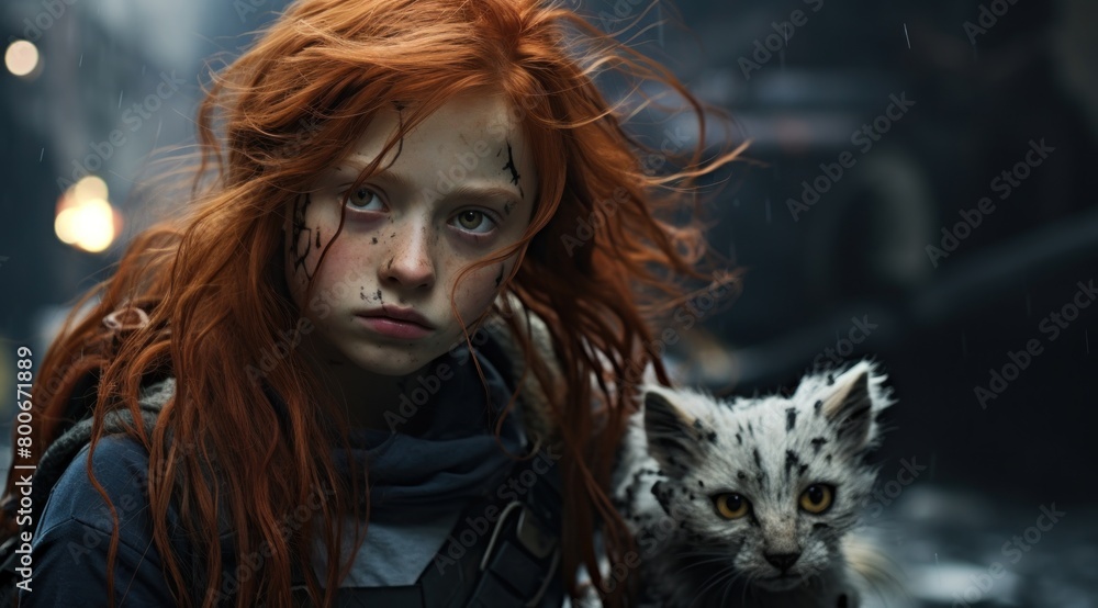 Mysterious redhead girl with cat in the rain Mysterious redhead girl with cat in the rain