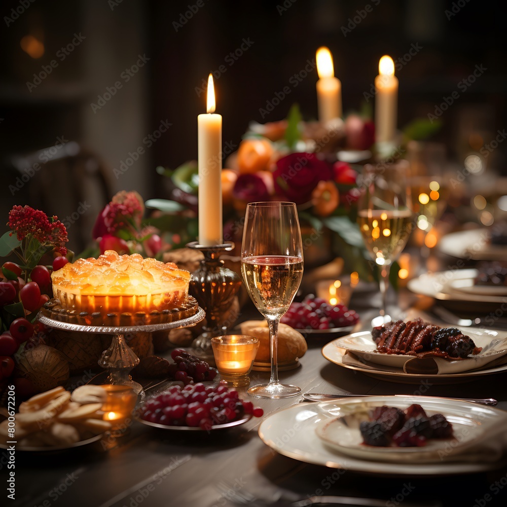 Festive table setting for Christmas and New Year dinner in the dark