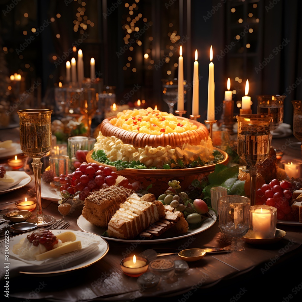 Cake on the table with candles in the dark. Shallow depth of field.