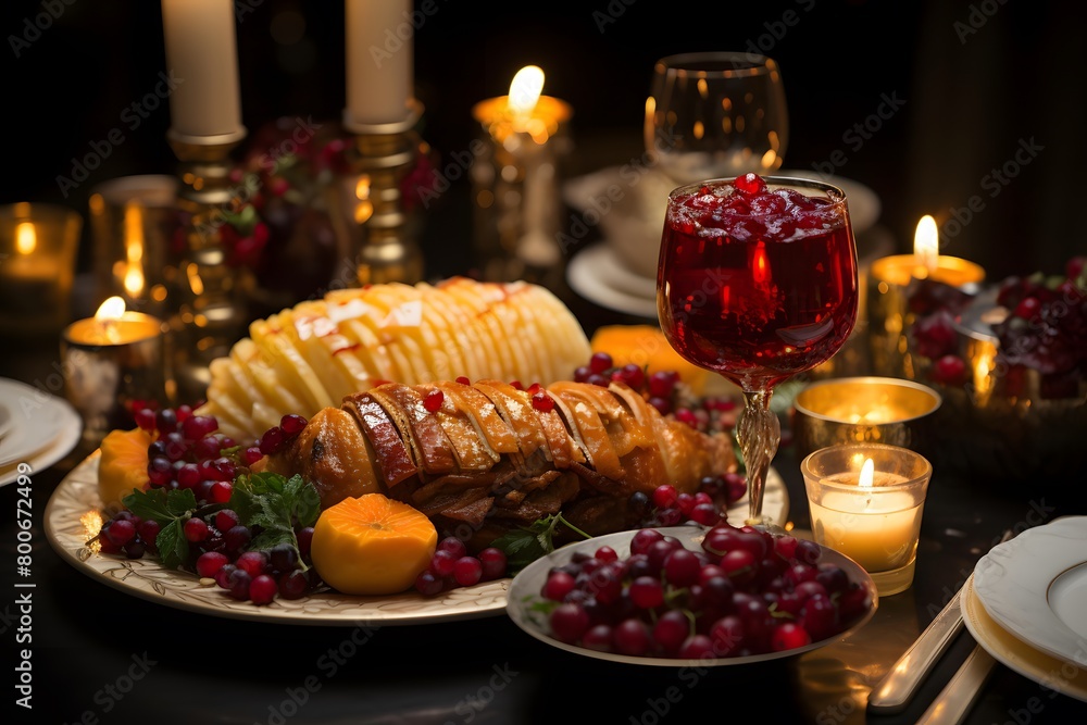 Christmas table with turkey, cranberries and candles, panoramic