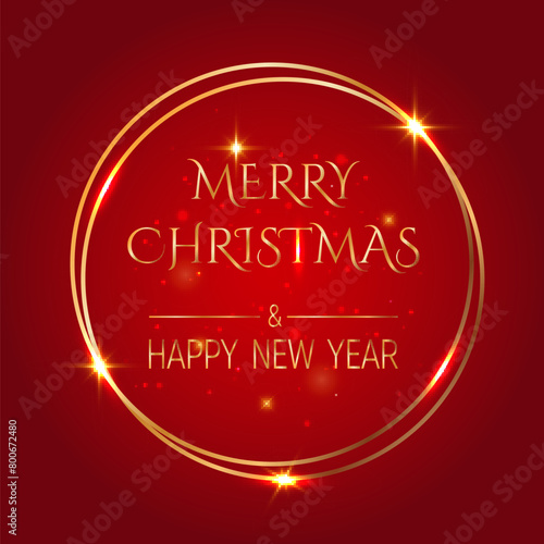 Handwritten Christmas and New Year greetings in a glowing round frame  modern festive calligraphy lettering in golden over red