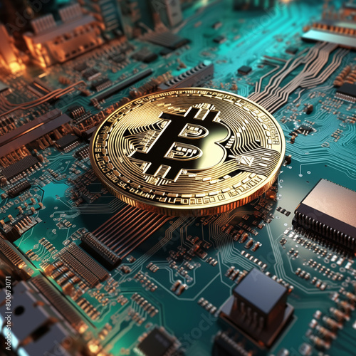 bitcoin on an electronic circuit board with processor
