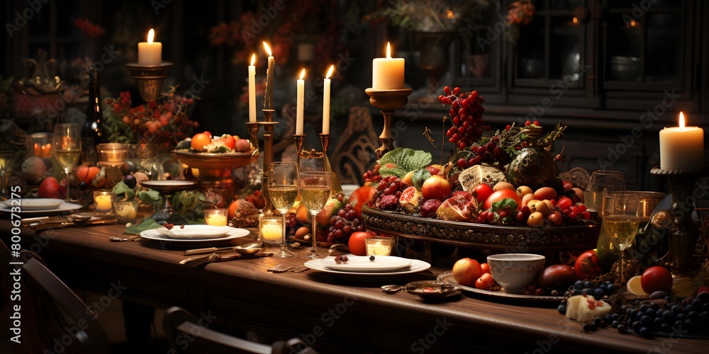 Christmas table with fruit and candles in the interior of the house.